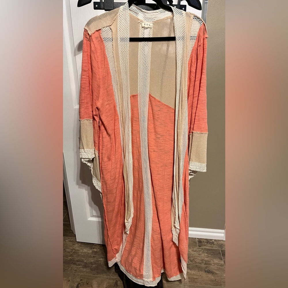POL Coral and Cream Open Cardigan